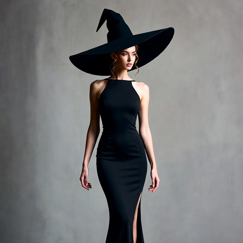 Woman in black witch hat dress Woman in black witch hat dress