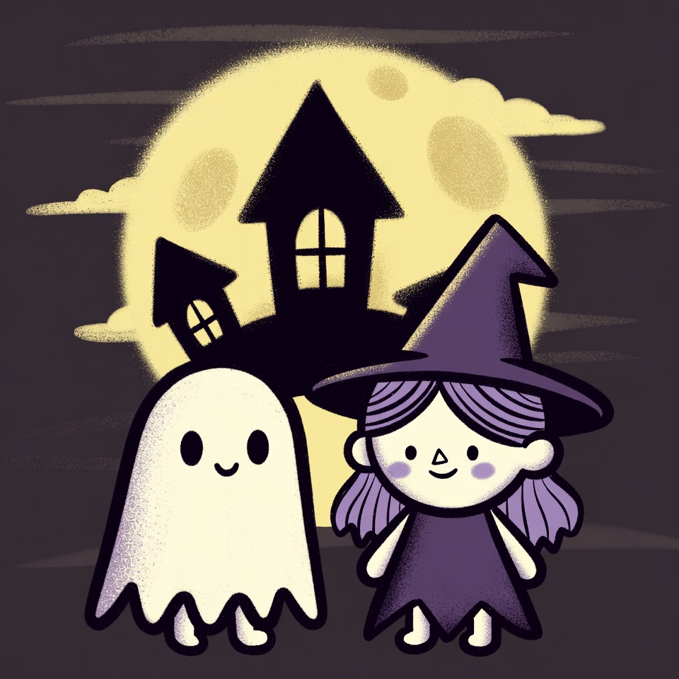 Cute Witch Girl with Ghost Halloween Cute Witch Girl with Ghost Halloween
