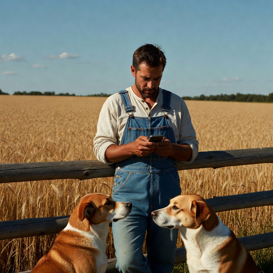 Farmer checking phone with dogs Farmer checking phone with dogs