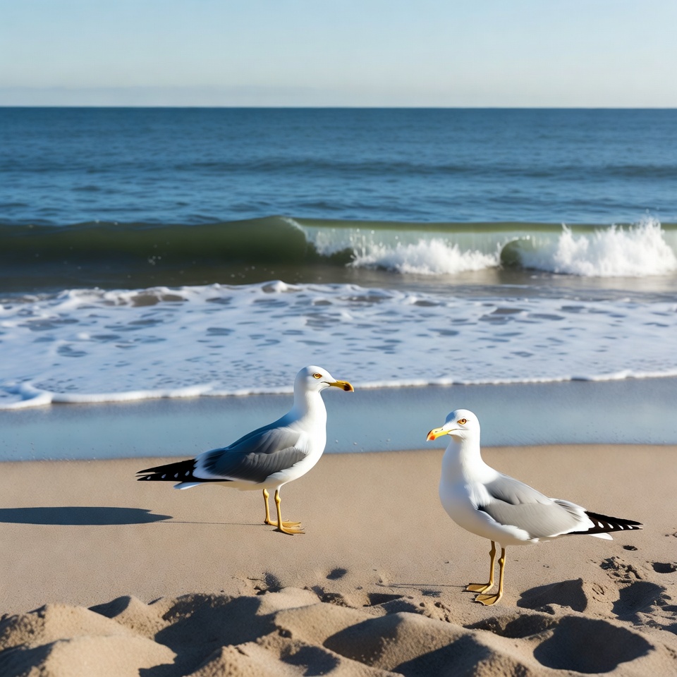 Two seagulls on beach by ocean Two seagulls on beach by ocean