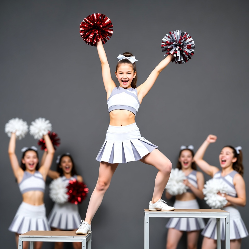 Cheerleader girls posing with pom poms Cheerleader girls posing with pom poms