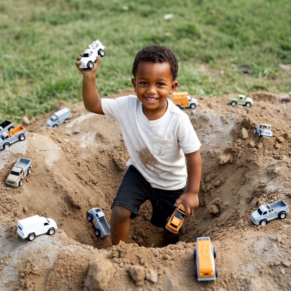 African-American boy playing toy trucks in sand African-American boy playing toy trucks in sand