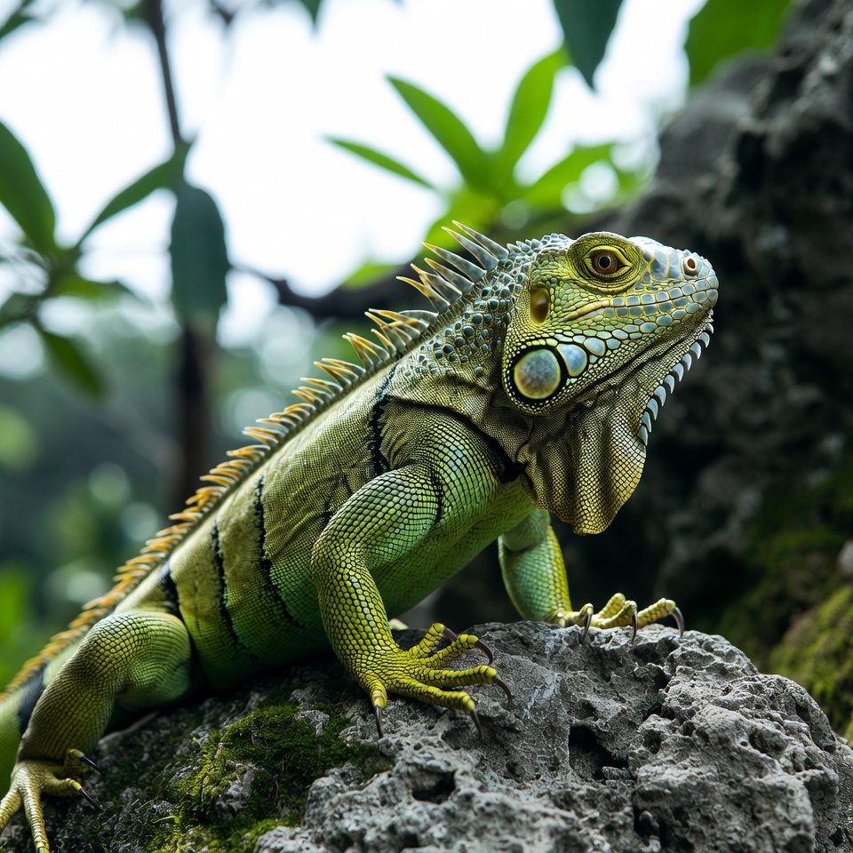 Green iguana on mossy rock Green iguana on mossy rock