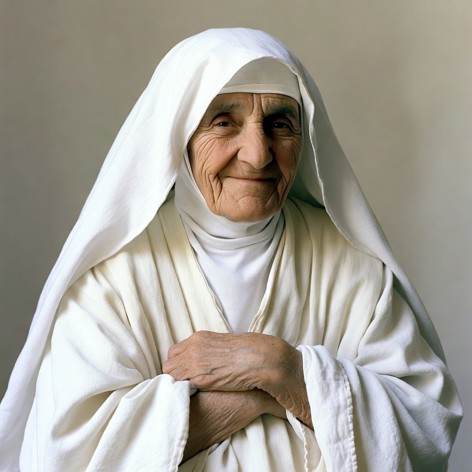 Elderly nun in white habit Elderly nun in white habit