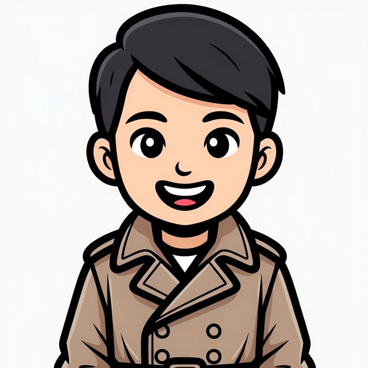 Cartoon Asian boy in trench coat Cartoon Asian boy in trench coat