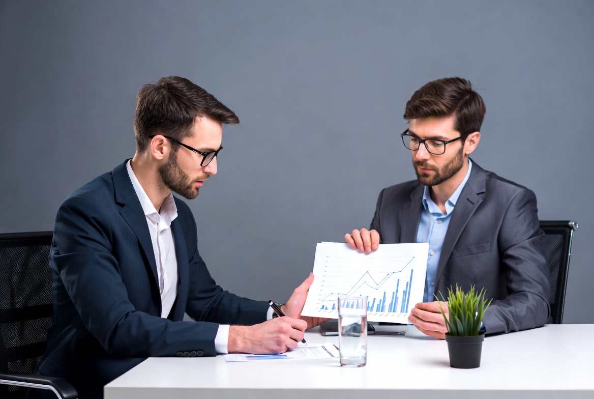 Two businessmen reviewing graph chart Two businessmen reviewing graph chart