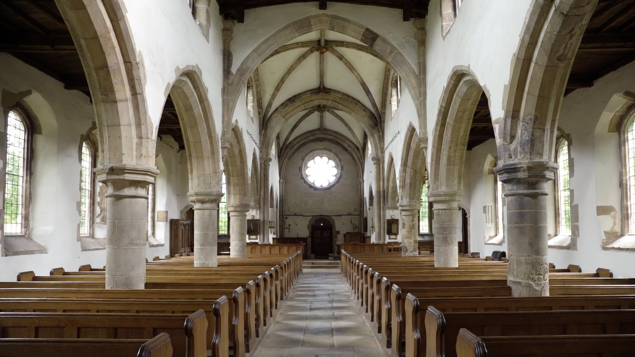 Empty Gothic Church Interior with Wooden Pews Empty Gothic Church Interior with Wooden Pews