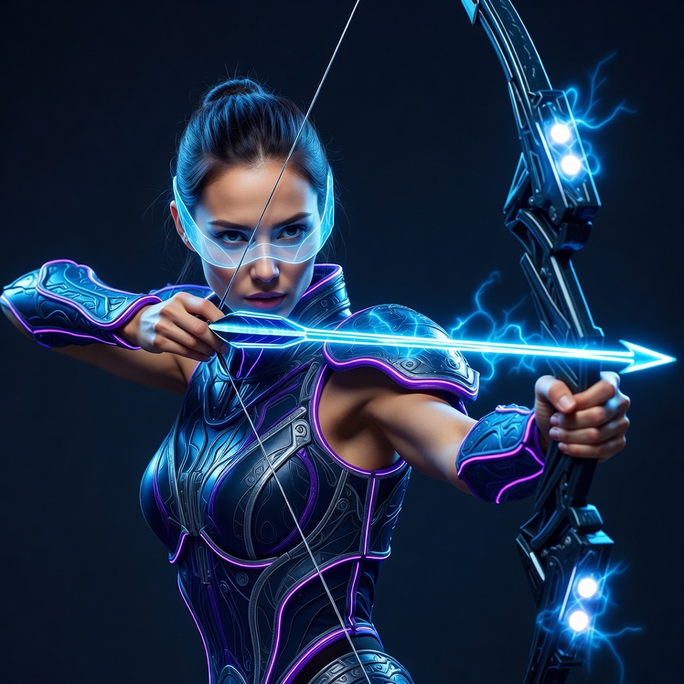 Asian woman shooting neon bow and arrow Asian woman shooting neon bow and arrow