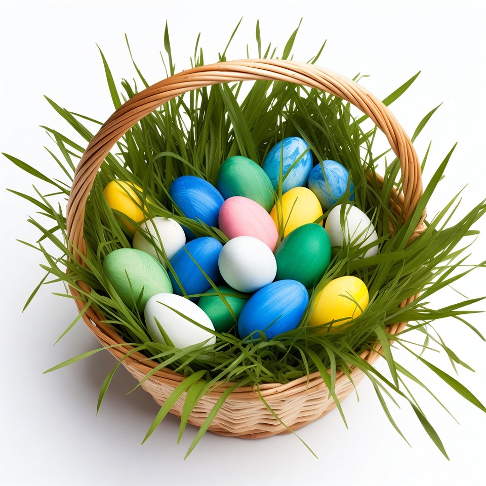 Colorful Easter Eggs in Wicker Basket Colorful Easter Eggs in Wicker Basket