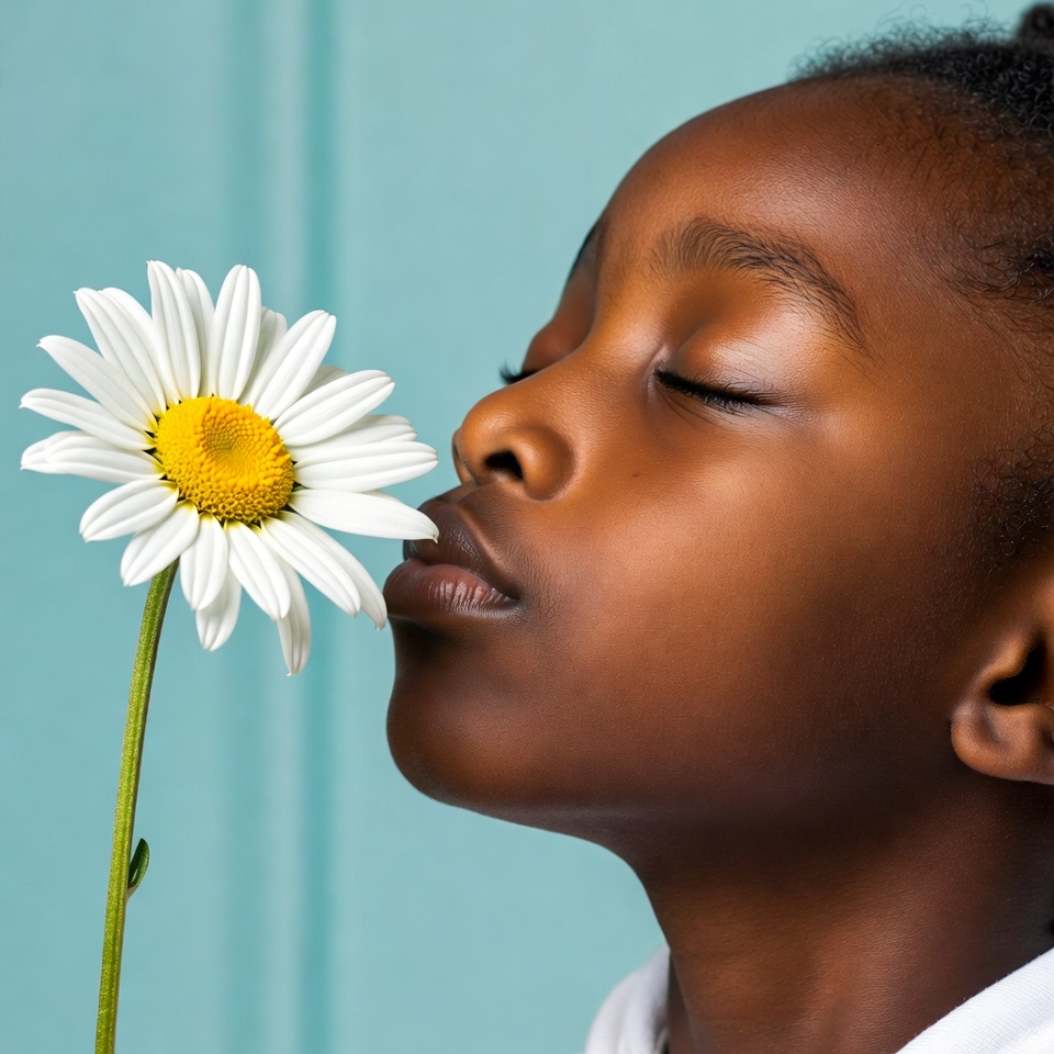 African-American girl smelling daisy African-American girl smelling daisy