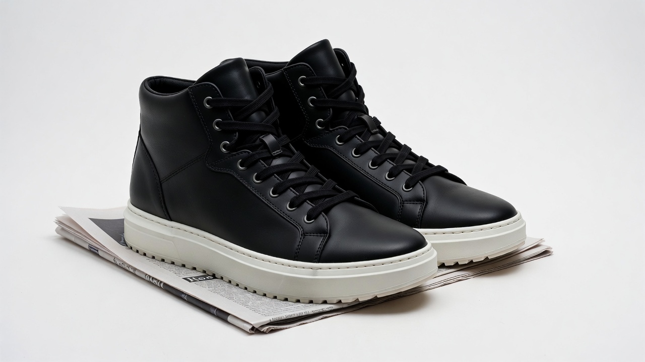Black leather high-top sneakers on newspaper Black leather high-top sneakers on newspaper
