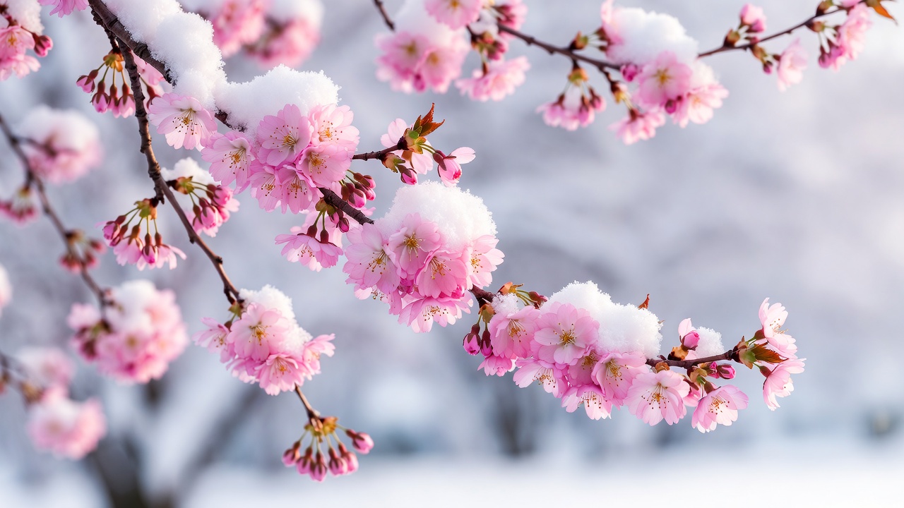 Pink Cherry Blossoms Covered in Snow Pink Cherry Blossoms Covered in Snow