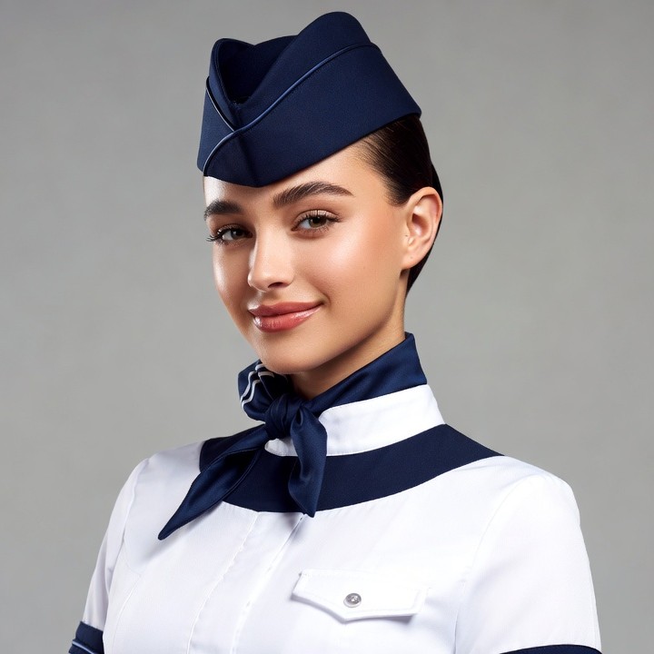 Woman in navy flight attendant uniform Woman in navy flight attendant uniform