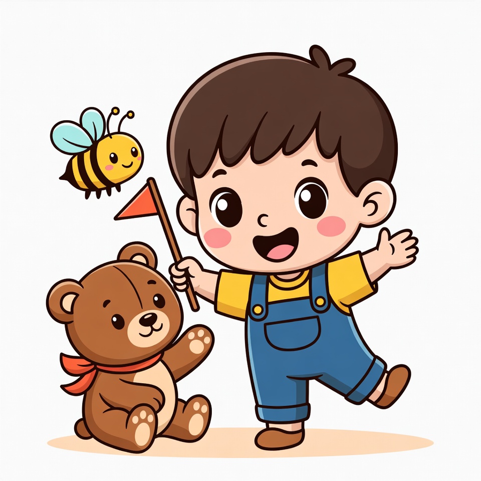 Happy boy holding teddy bear and flag Happy boy holding teddy bear and flag