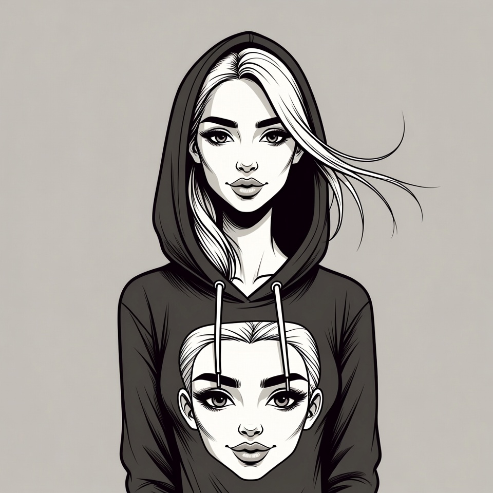 Woman with mini face on hoodie Woman with mini face on hoodie
