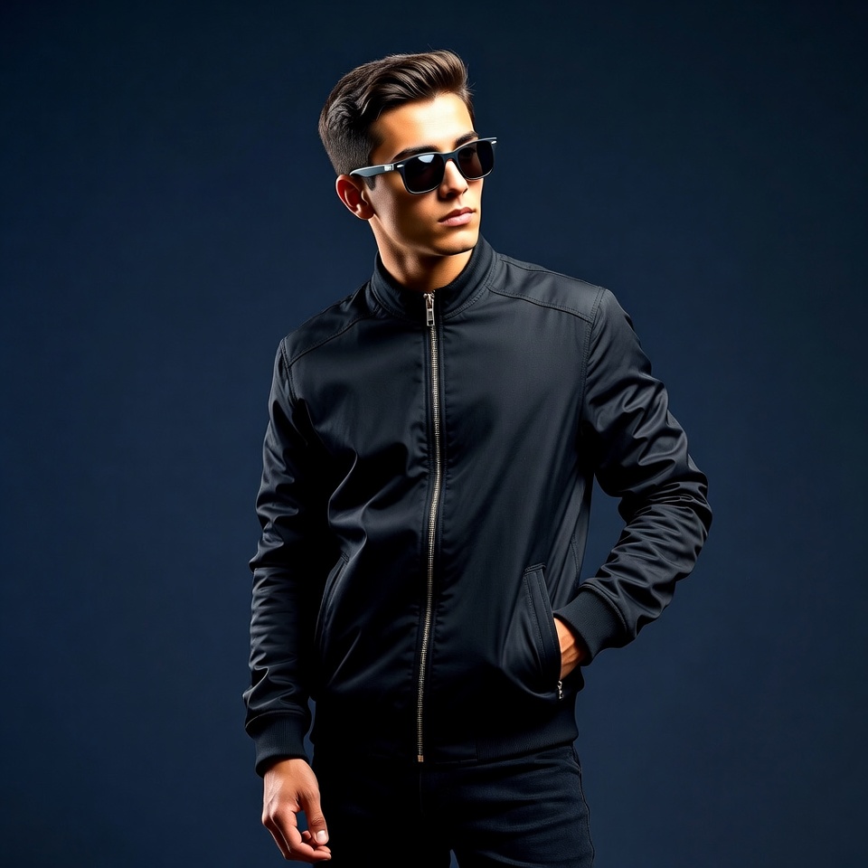 Young man in black bomber jacket Young man in black bomber jacket