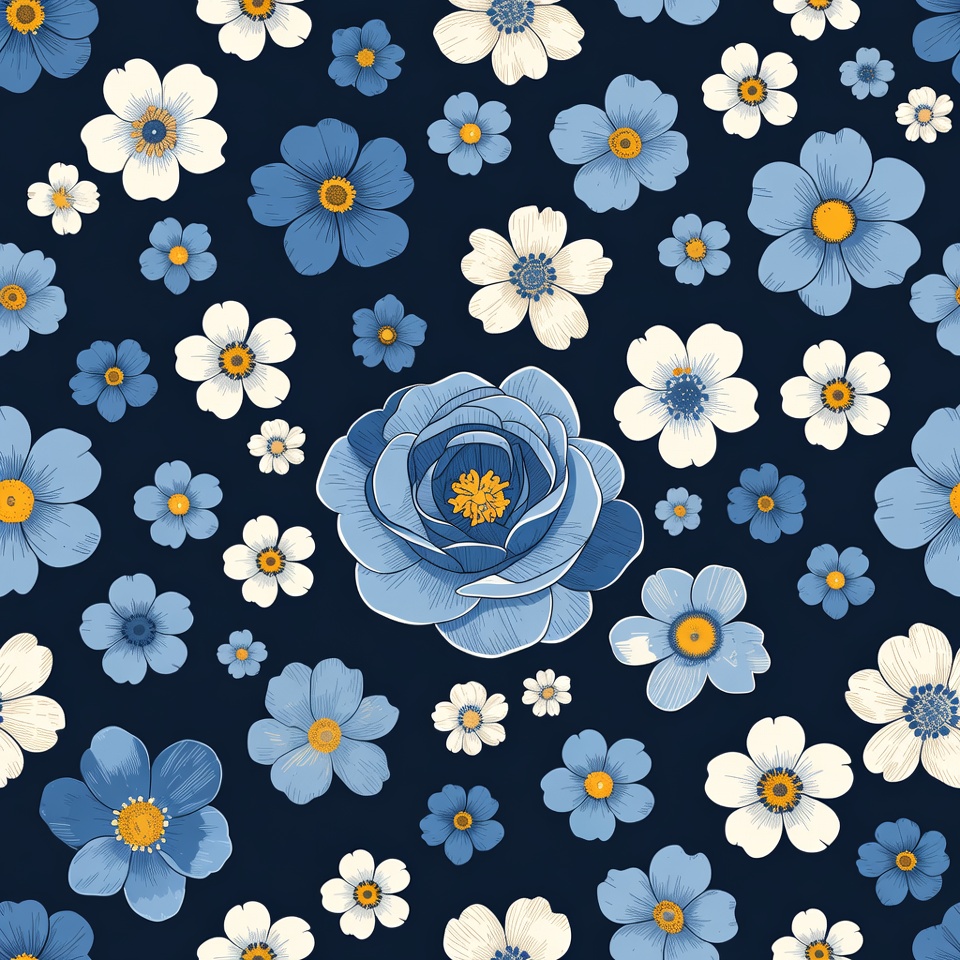 Blue and White Flowers on Navy Background Blue and White Flowers on Navy Background
