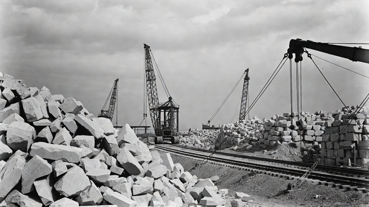 Vintage Cranes Loading Stone Piles Vintage Cranes Loading Stone Piles