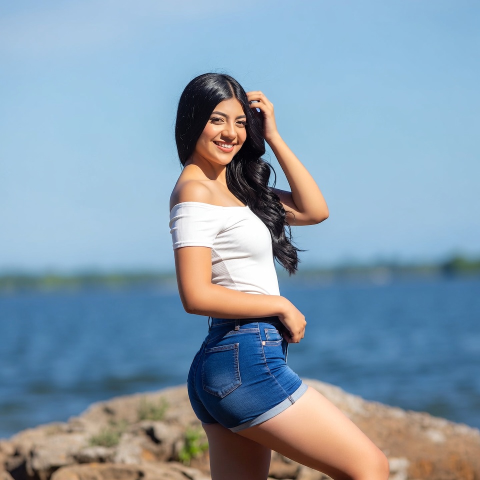 Latina woman posing by lake Latina woman posing by lake