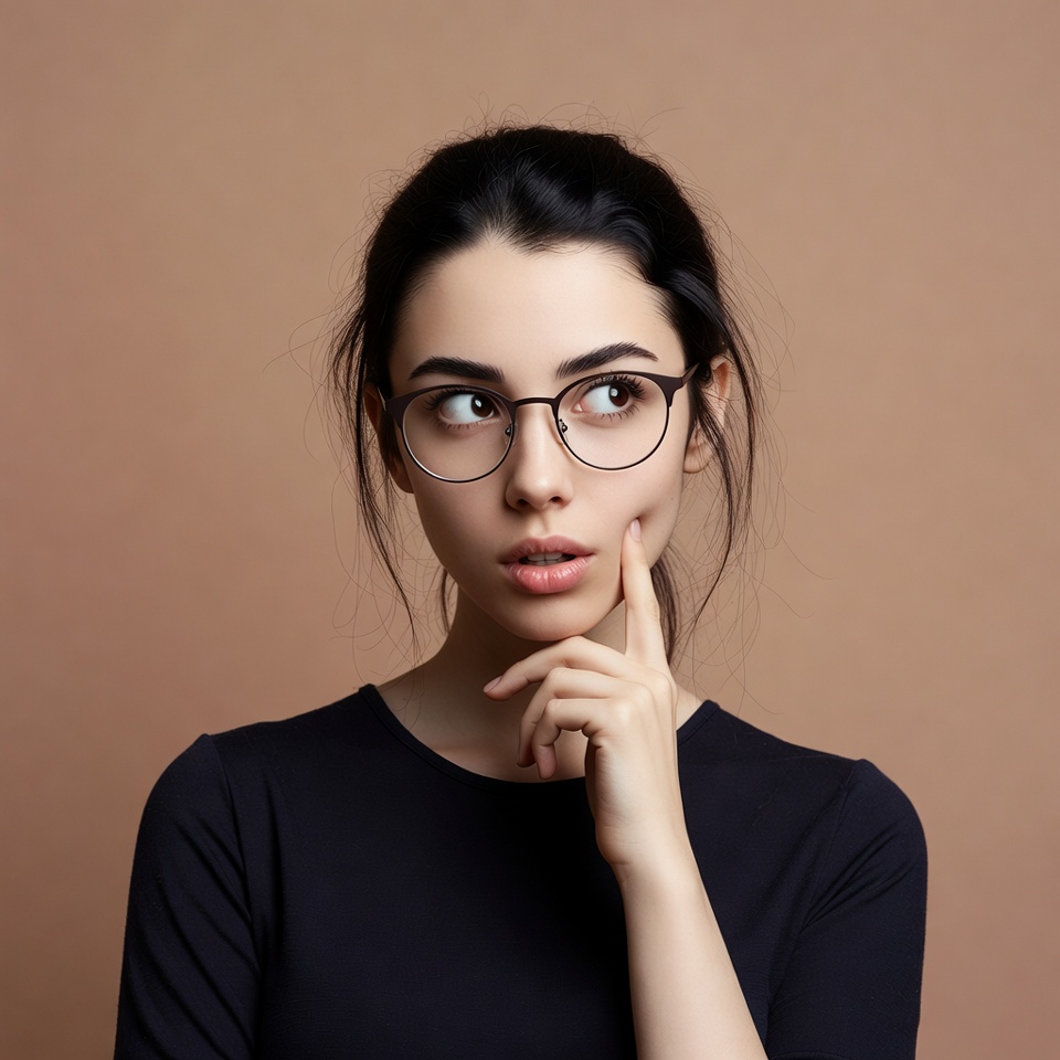 Woman thinking with hand on chin Woman thinking with hand on chin