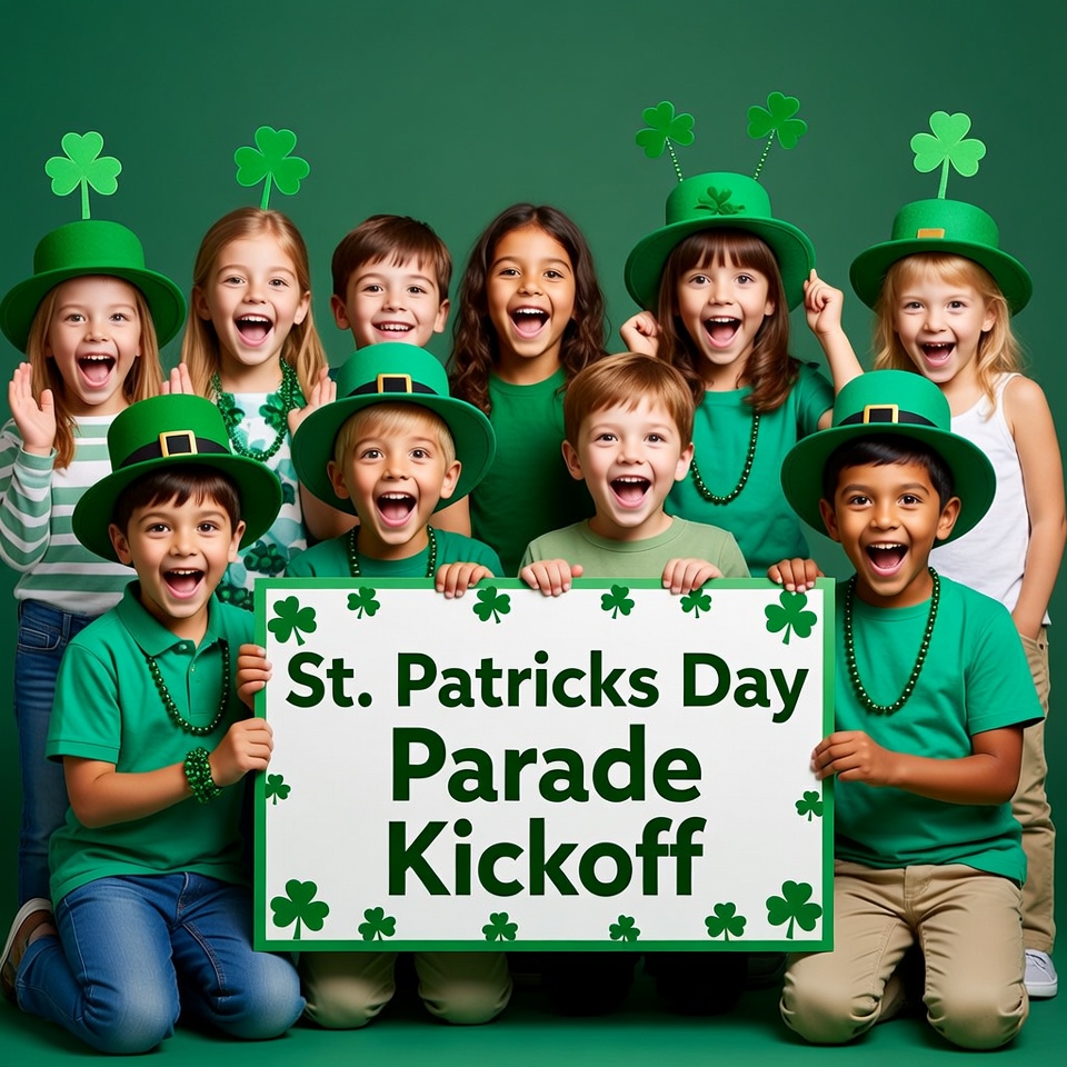 Kids Holding St. Patrick's Day Parade Kickoff Sign Kids Holding St. Patrick's Day Parade Kickoff Sign