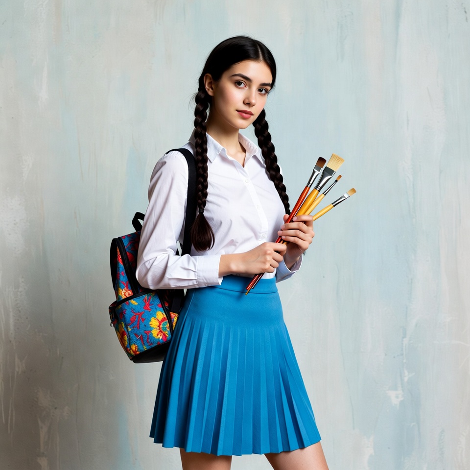 Girl with pigtails holding paintbrushes Girl with pigtails holding paintbrushes
