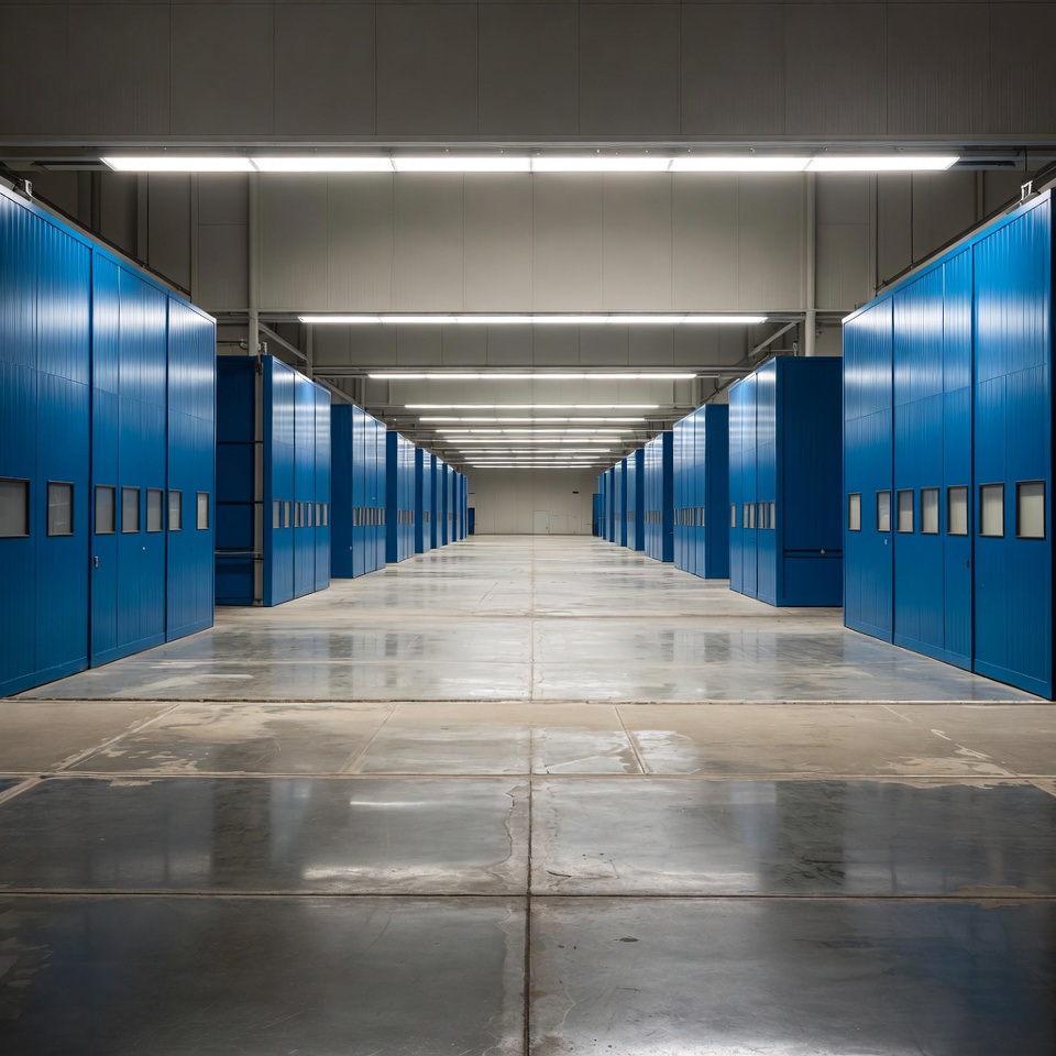 Empty Warehouse with Blue Filing Cabinets Empty Warehouse with Blue Filing Cabinets