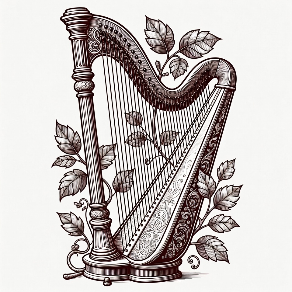 Ornate Harp with Leaves Illustration Ornate Harp with Leaves Illustration