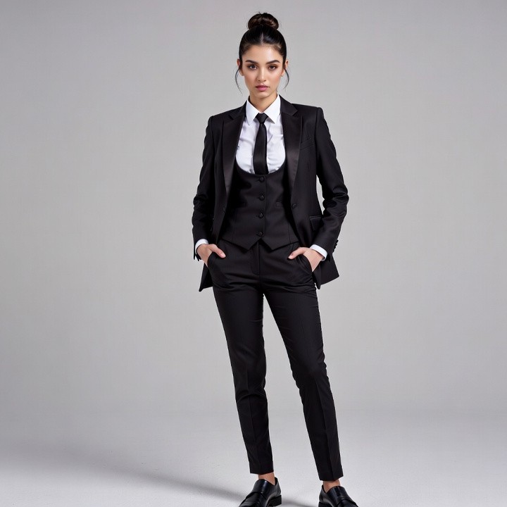 Woman in black suit with bun Woman in black suit with bun