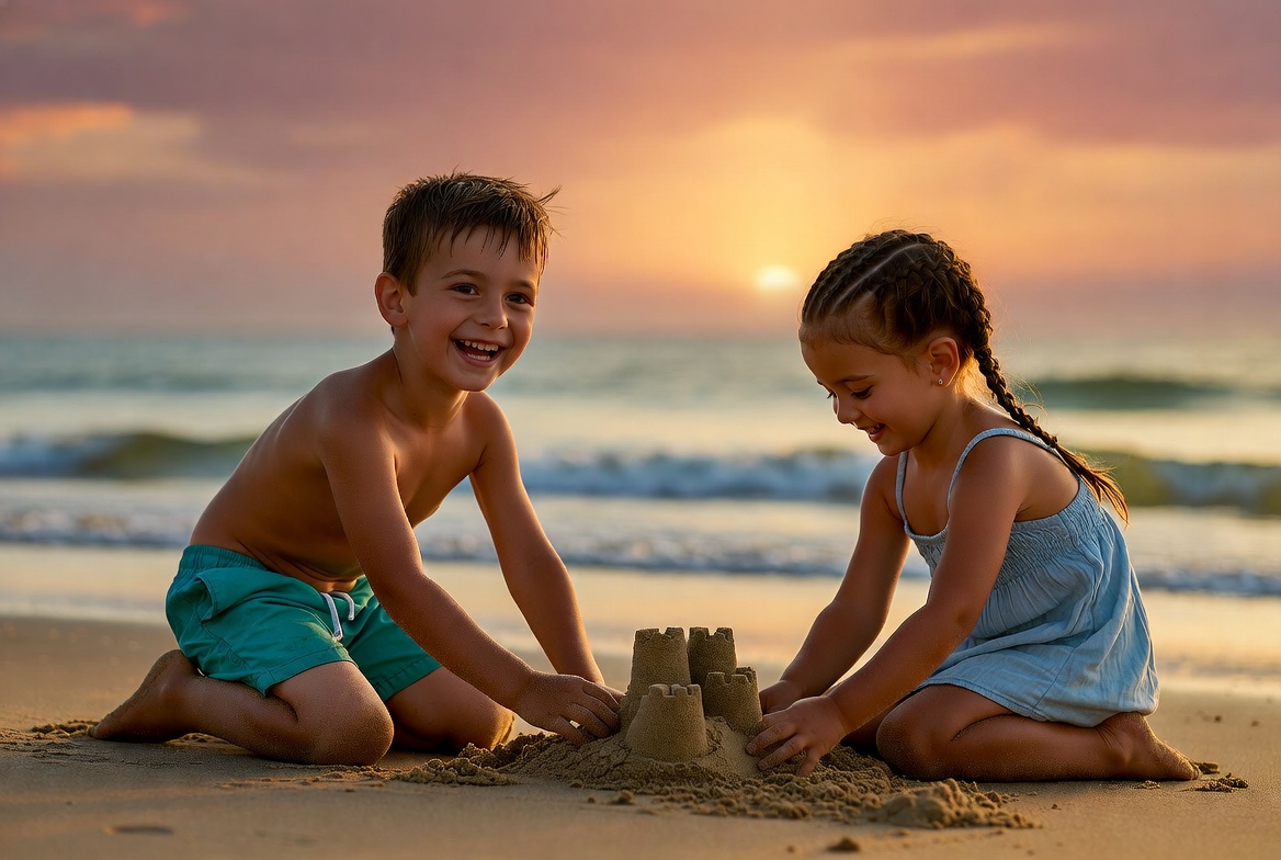 Boy and Girl Building Sandcastle on Beach Boy and Girl Building Sandcastle on Beach