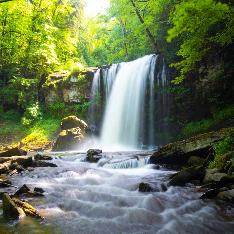 Waterfall cascading in lush green forest Waterfall cascading in lush green forest