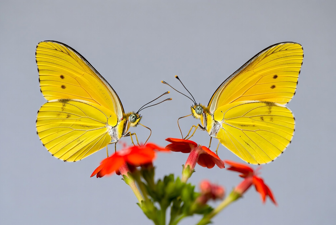 Two Yellow Butterflies on Red Flowers Two Yellow Butterflies on Red Flowers