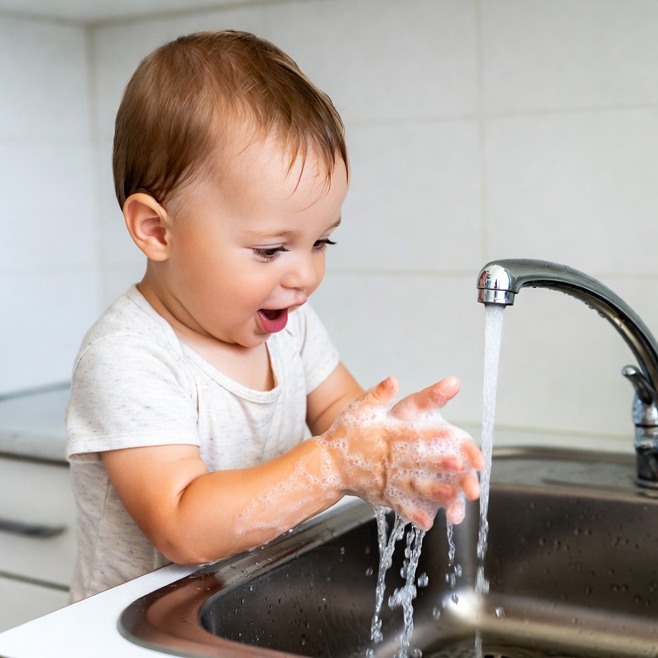 Baby washing hands at sink Baby washing hands at sink