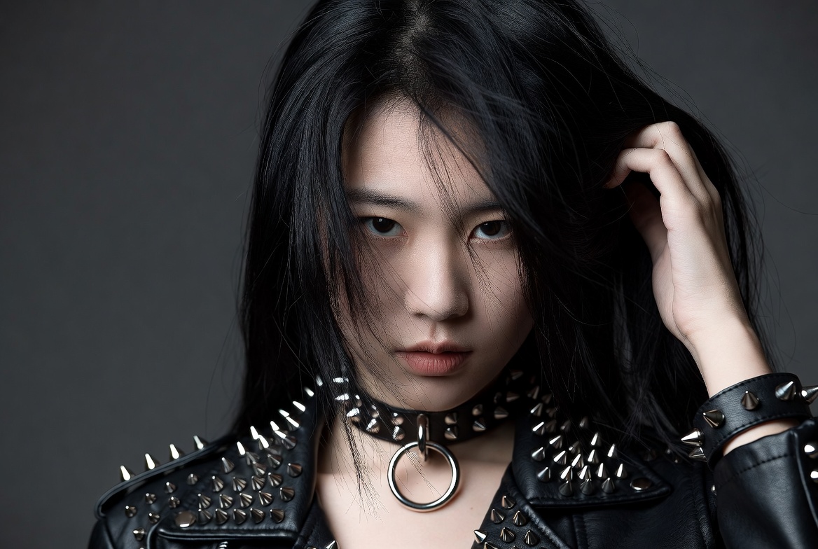 Asian woman in spiked choker jacket Asian woman in spiked choker jacket