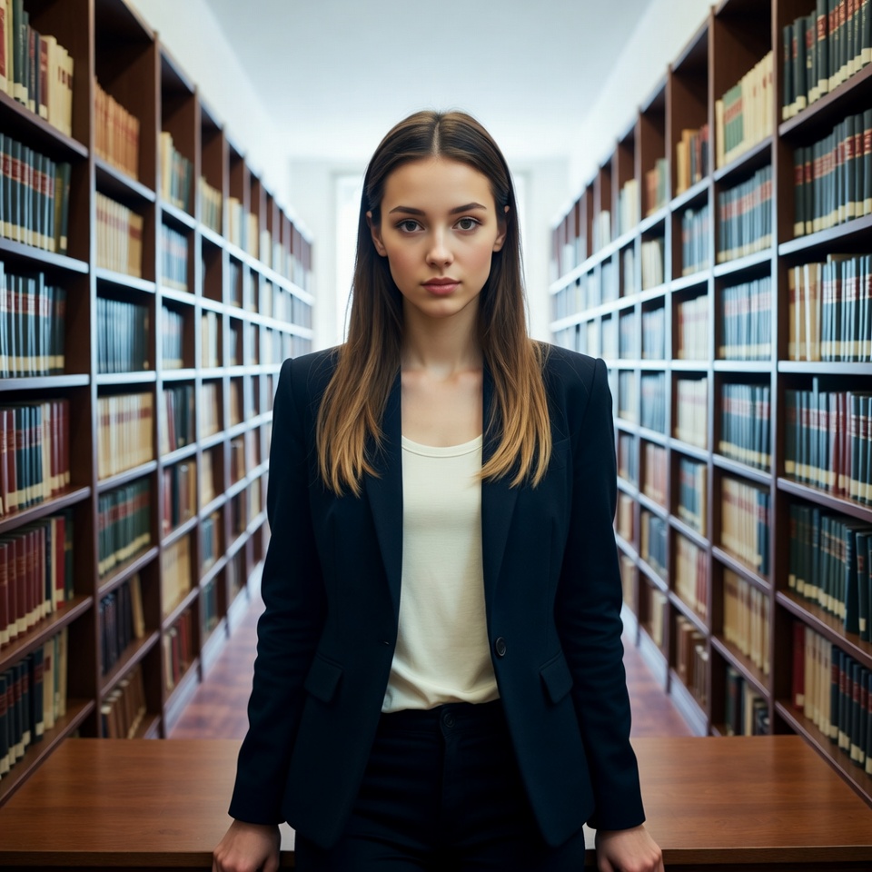 Woman standing in library aisle Woman standing in library aisle