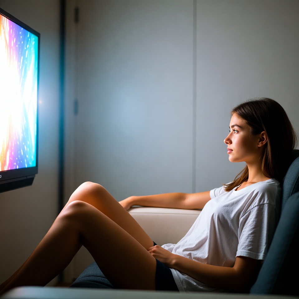Woman watching TV at night Woman watching TV at night