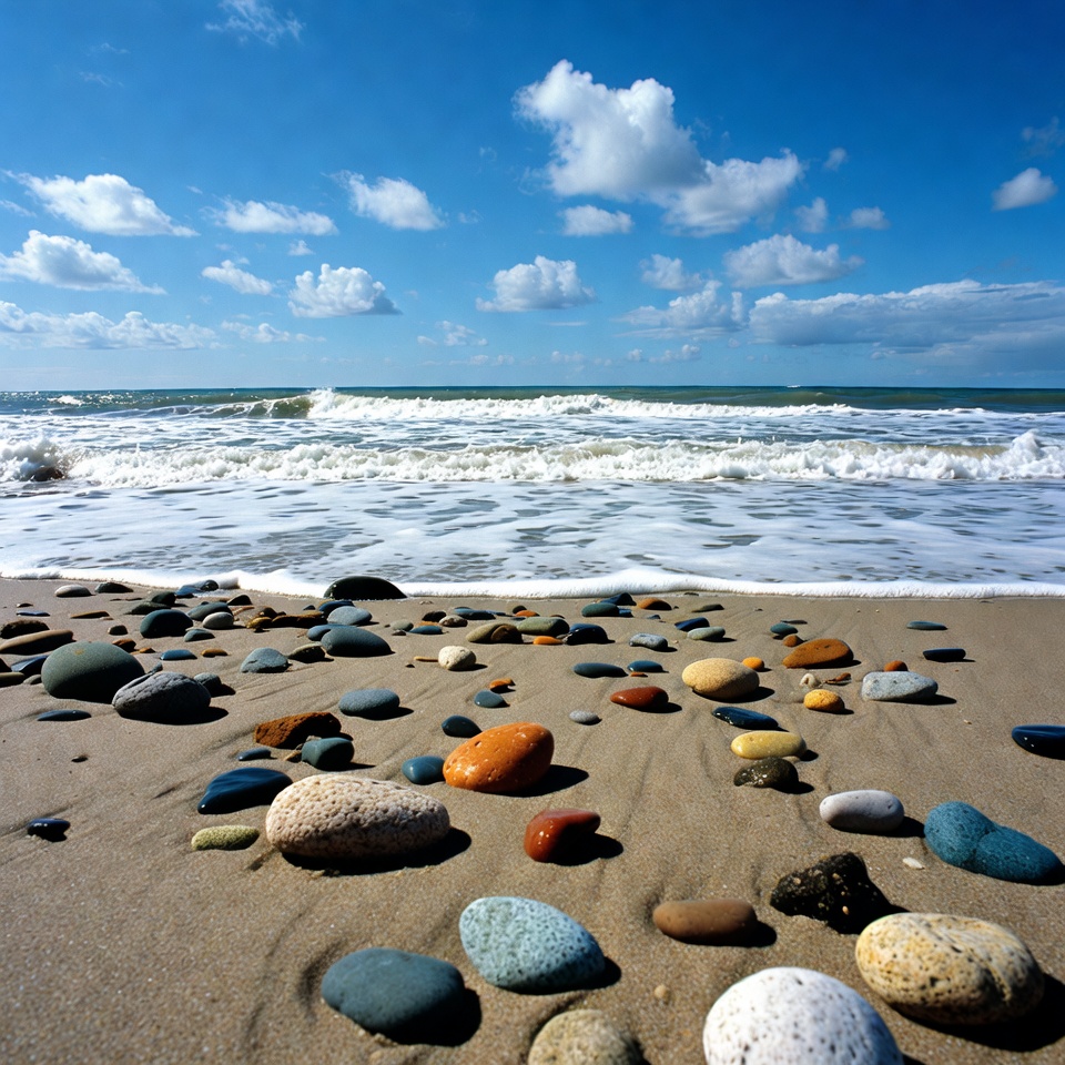 Colorful pebbles on sandy beach Colorful pebbles on sandy beach