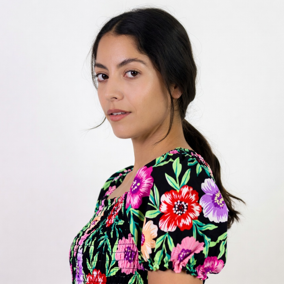 Woman in floral dress profile view Woman in floral dress profile view