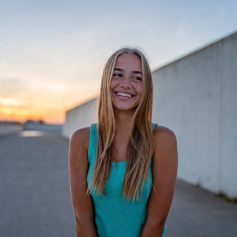 Blonde girl smiling at sunset Blonde girl smiling at sunset