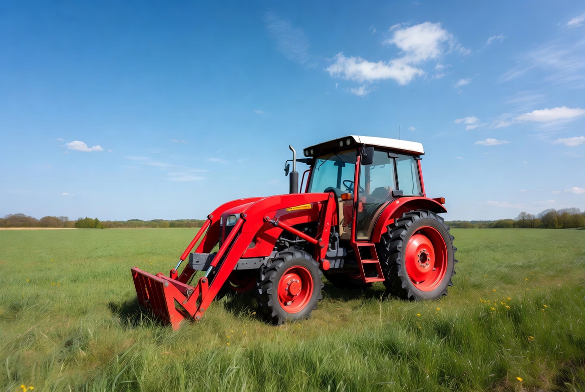 Red tractor in green field Red tractor in green field