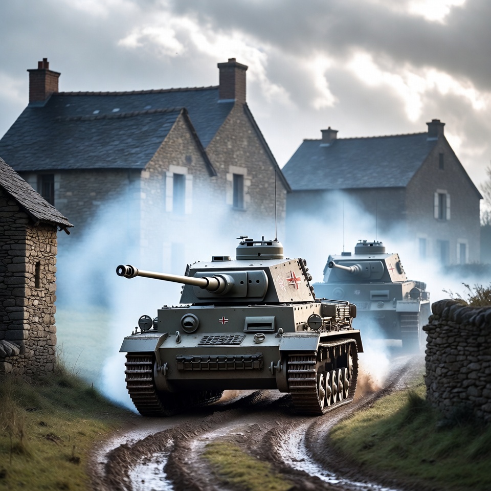 Panzer Tanks Driving Rural Village Road Panzer Tanks Driving Rural Village Road