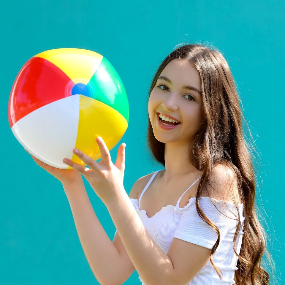 Girl holding colorful beach ball Girl holding colorful beach ball