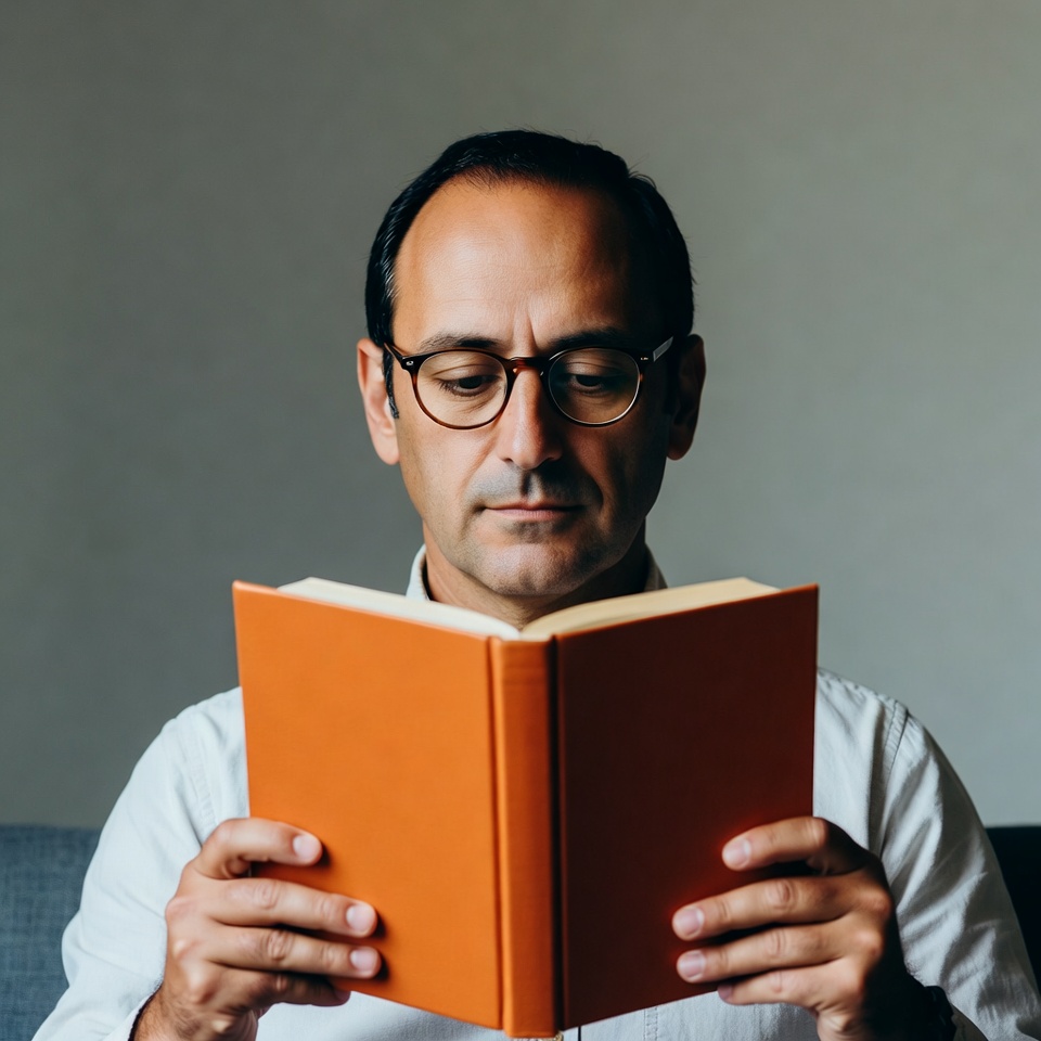 Man reading orange book Man reading orange book