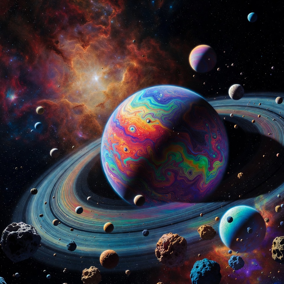 Colorful Ringed Planet in Nebula Colorful Ringed Planet in Nebula