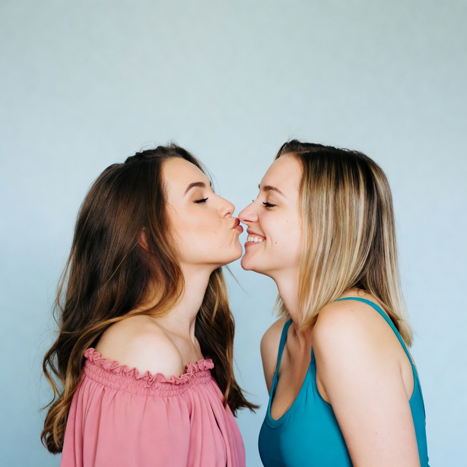 Two women kissing noses playfully Two women kissing noses playfully