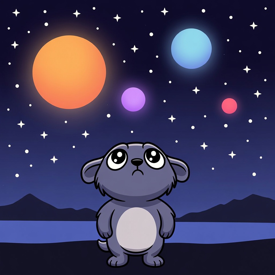 Cartoon Dog Gazing at Colorful Planets Cartoon Dog Gazing at Colorful Planets