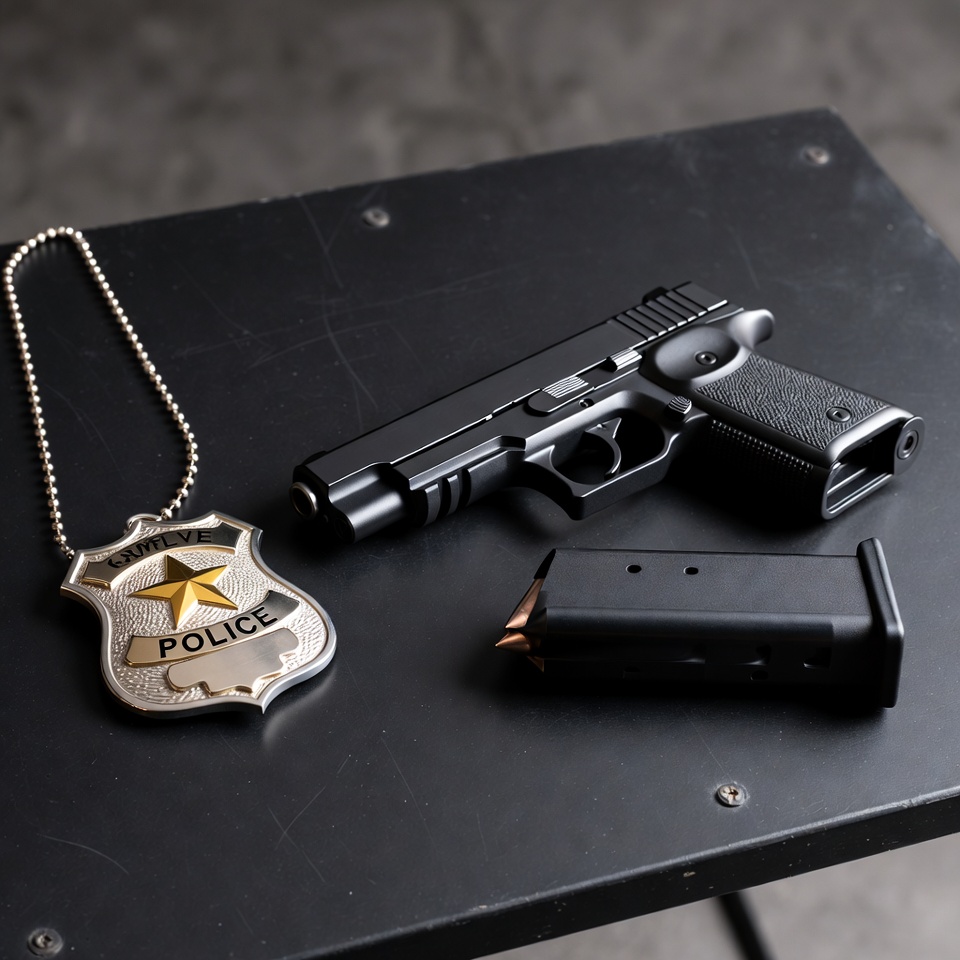 Police Badge Gun Magazine on Table Police Badge Gun Magazine on Table