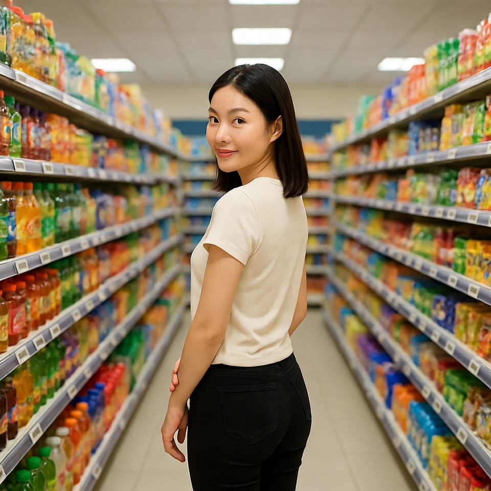 Asian woman in supermarket aisle Asian woman in supermarket aisle