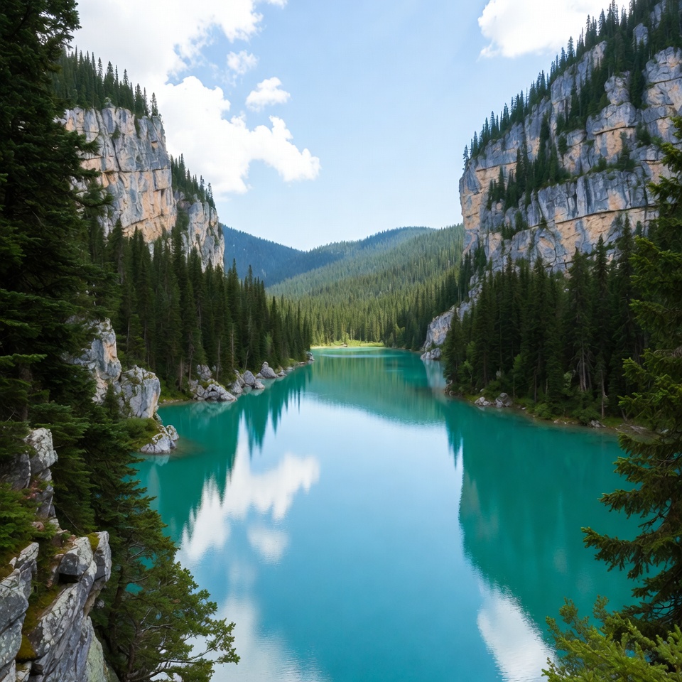 Turquoise Lake Between Forested Cliffs Turquoise Lake Between Forested Cliffs