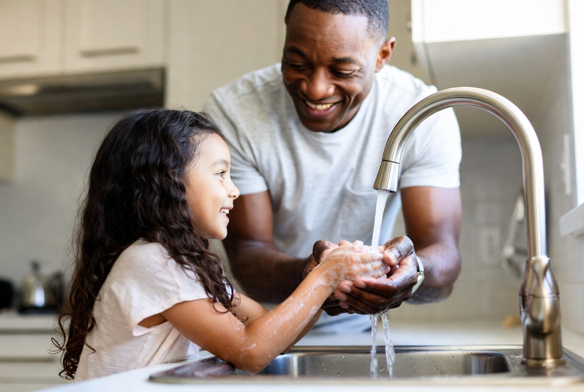 Father teaching daughter handwashing at sink Father teaching daughter handwashing at sink